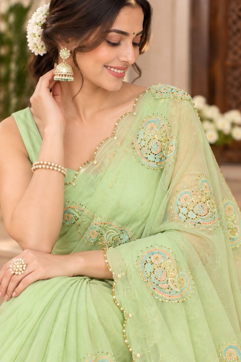 Pastel mint-green saree with embroidered stylish pallu