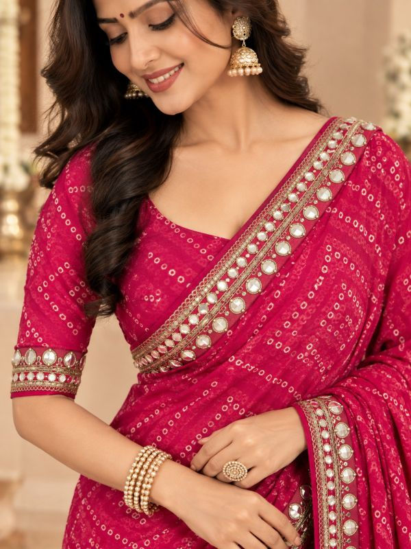 Thumbnail: Magenta pink traditional Bandhani saree with mirror work.