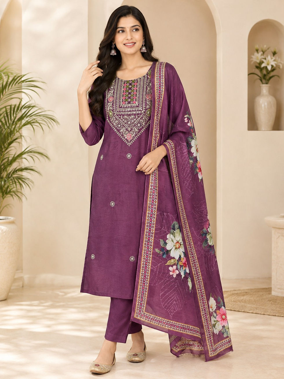 Plum purple kurti set with embroidered neckline and dupatta
