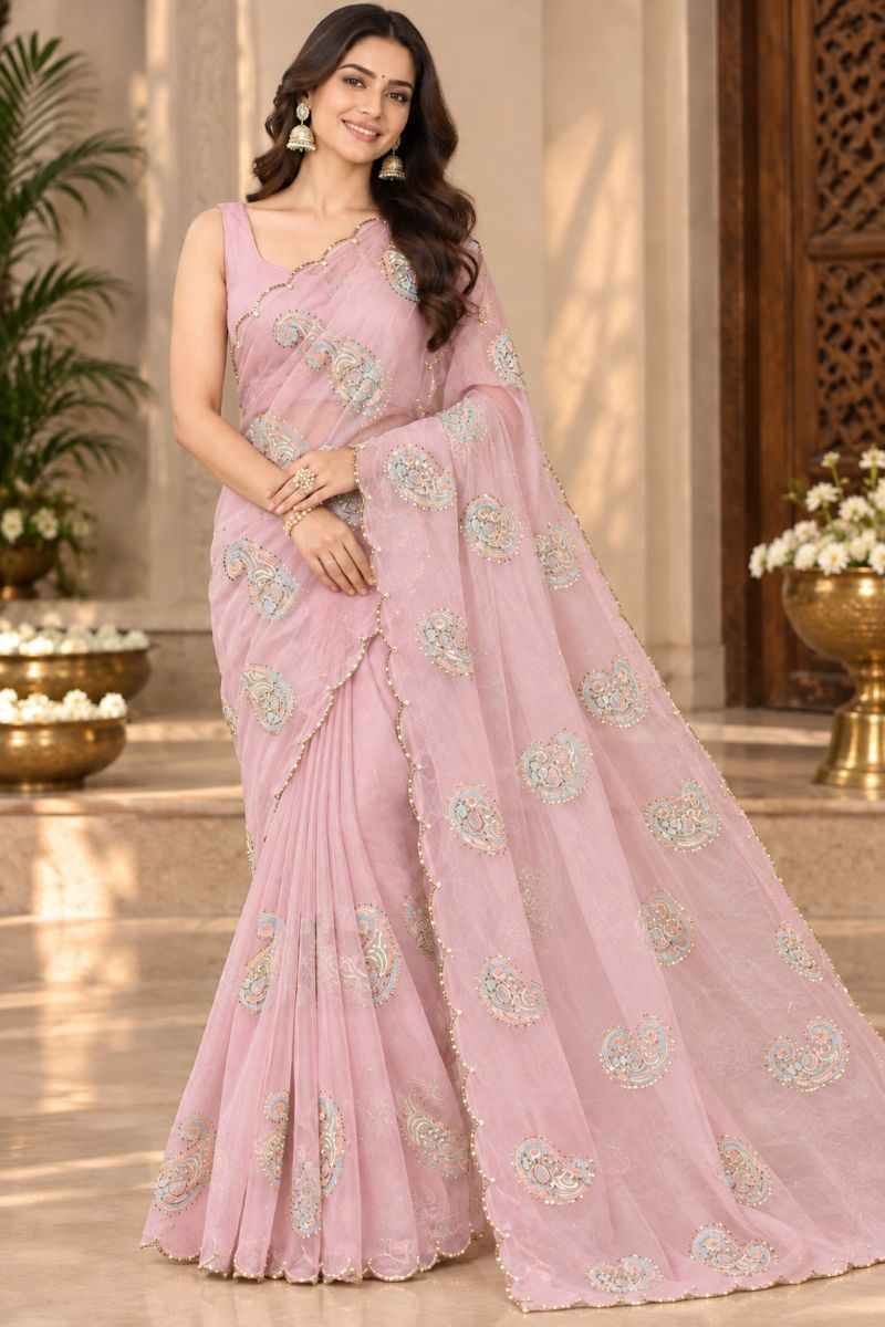 Woman wearing a dusty-pink sheer organza fancy saree.