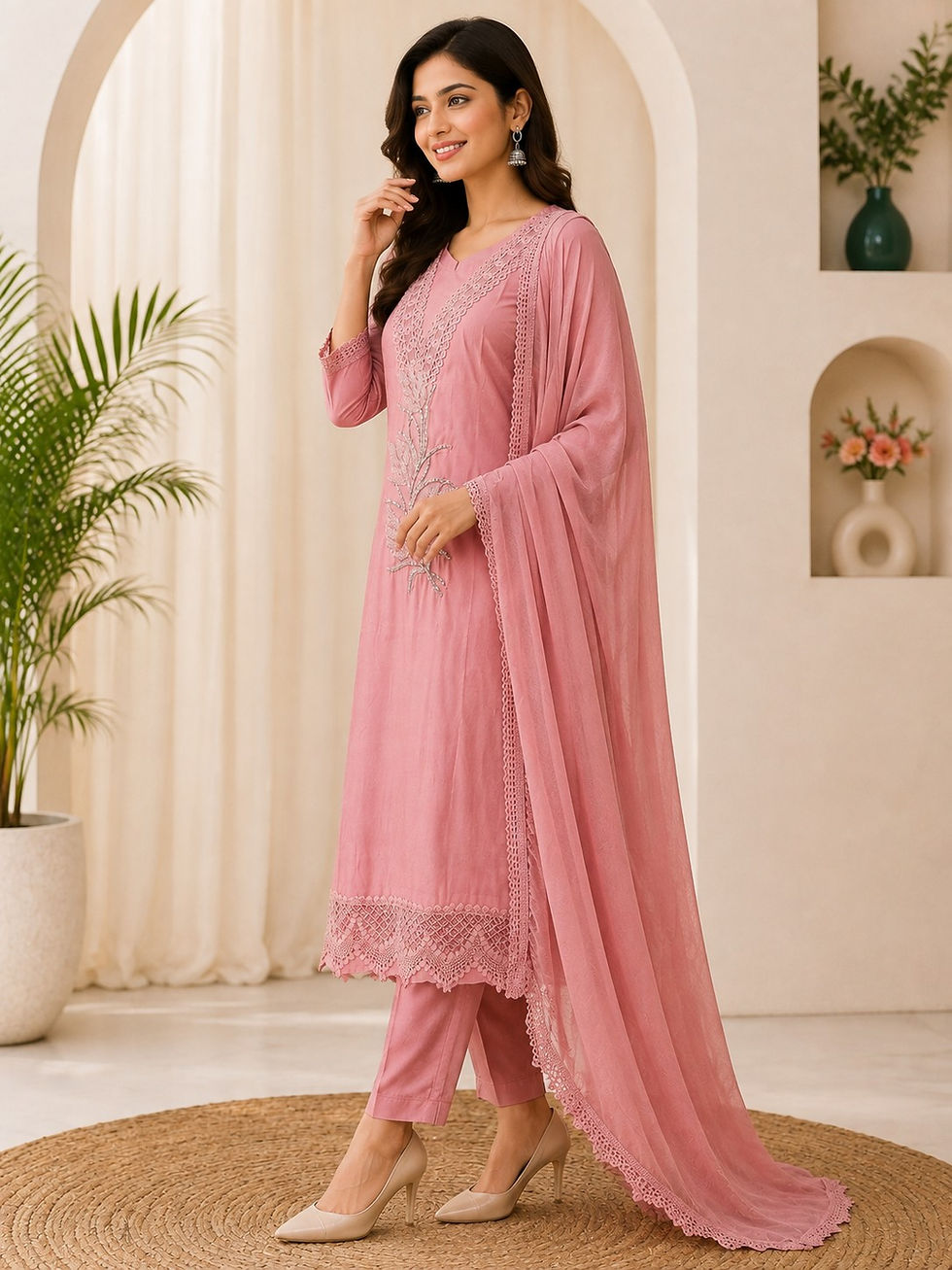 Blush pink kurta set with lace hem and chiffon dupatta