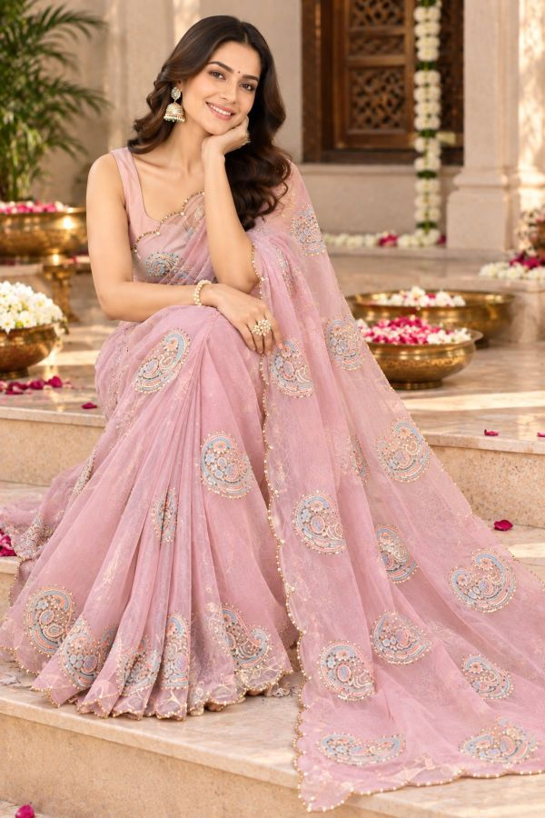 Thumbnail: Dusty-pink sheer organza fancy saree with silver embroidery