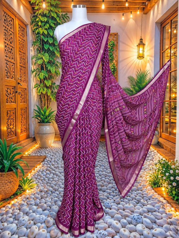 Purple Georgette Lehariya saree with white wavy pattern