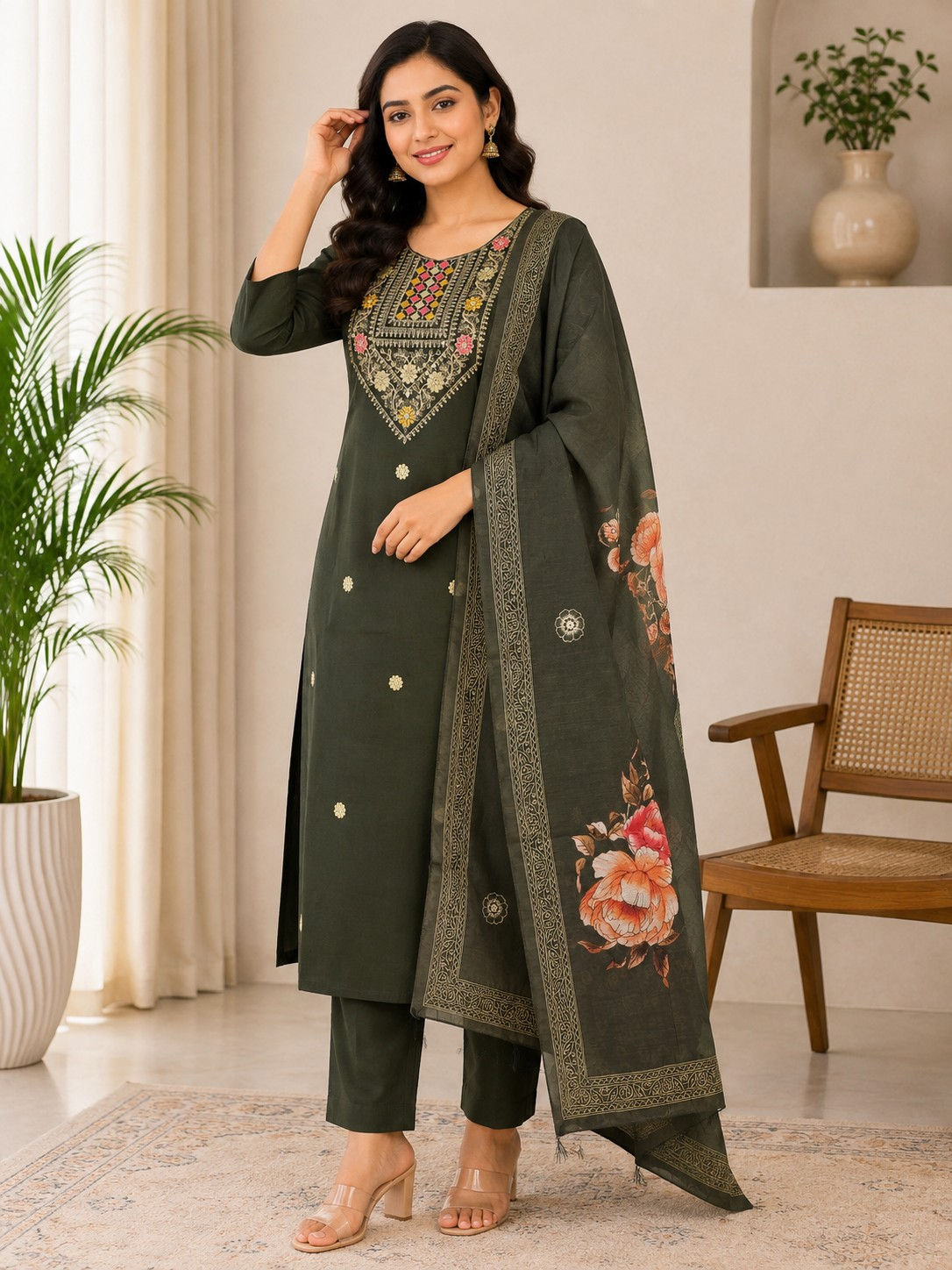 Dark olive green Kurti set with floral dupatta.
