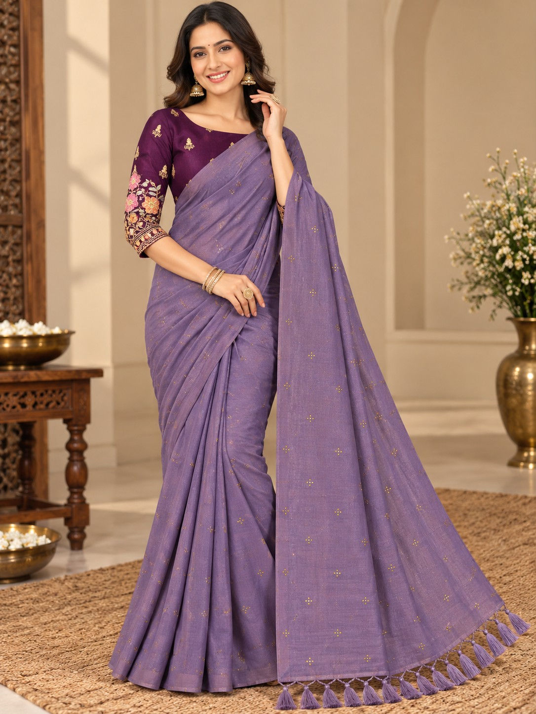 Lavender purple tassel pallu saree with floral embroidery blouse