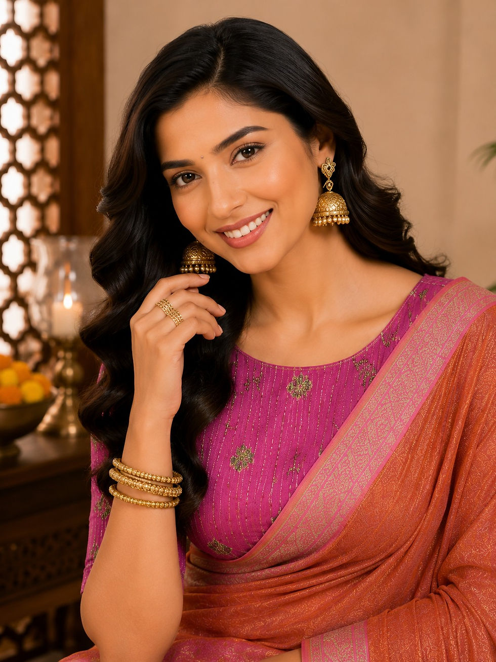 Thumbnail: Copper Brown Shimmer Saree with Magenta motif Blouse