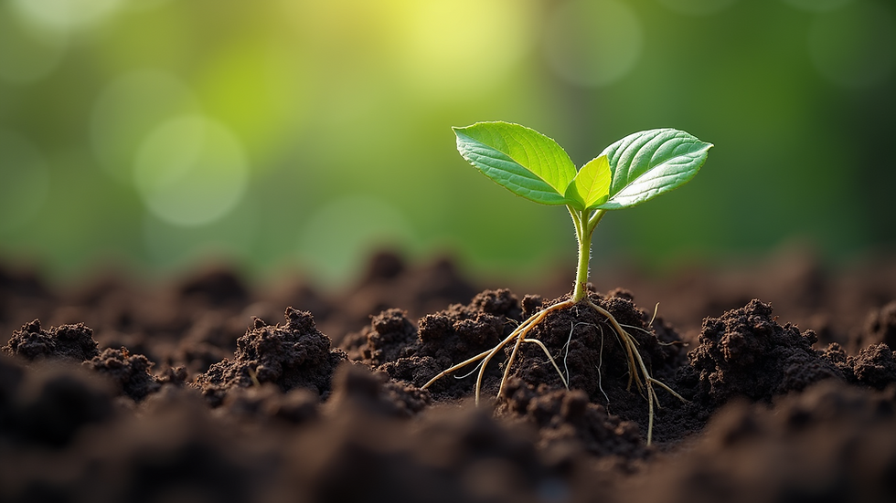 Close-up view of rich, dark soil with healthy plant roots