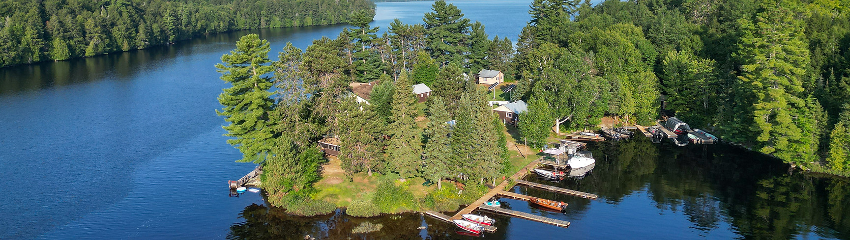 Drone view of Kipawa Lodge a remote island getaway.