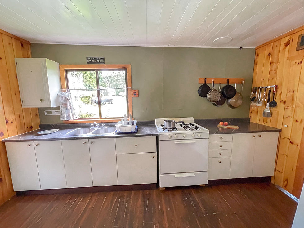 kitchen_lakehouse white cabinets, pine walls, window over sink