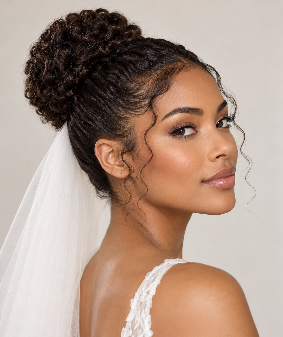 A beautiful bride with a Elegant Bun on Natural Hair hairstyle.