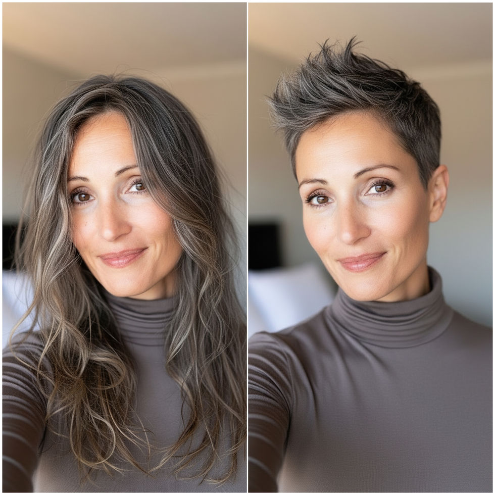 Before and after of a long-haired model transforming into a textured bob haircut with soft layers and added volume