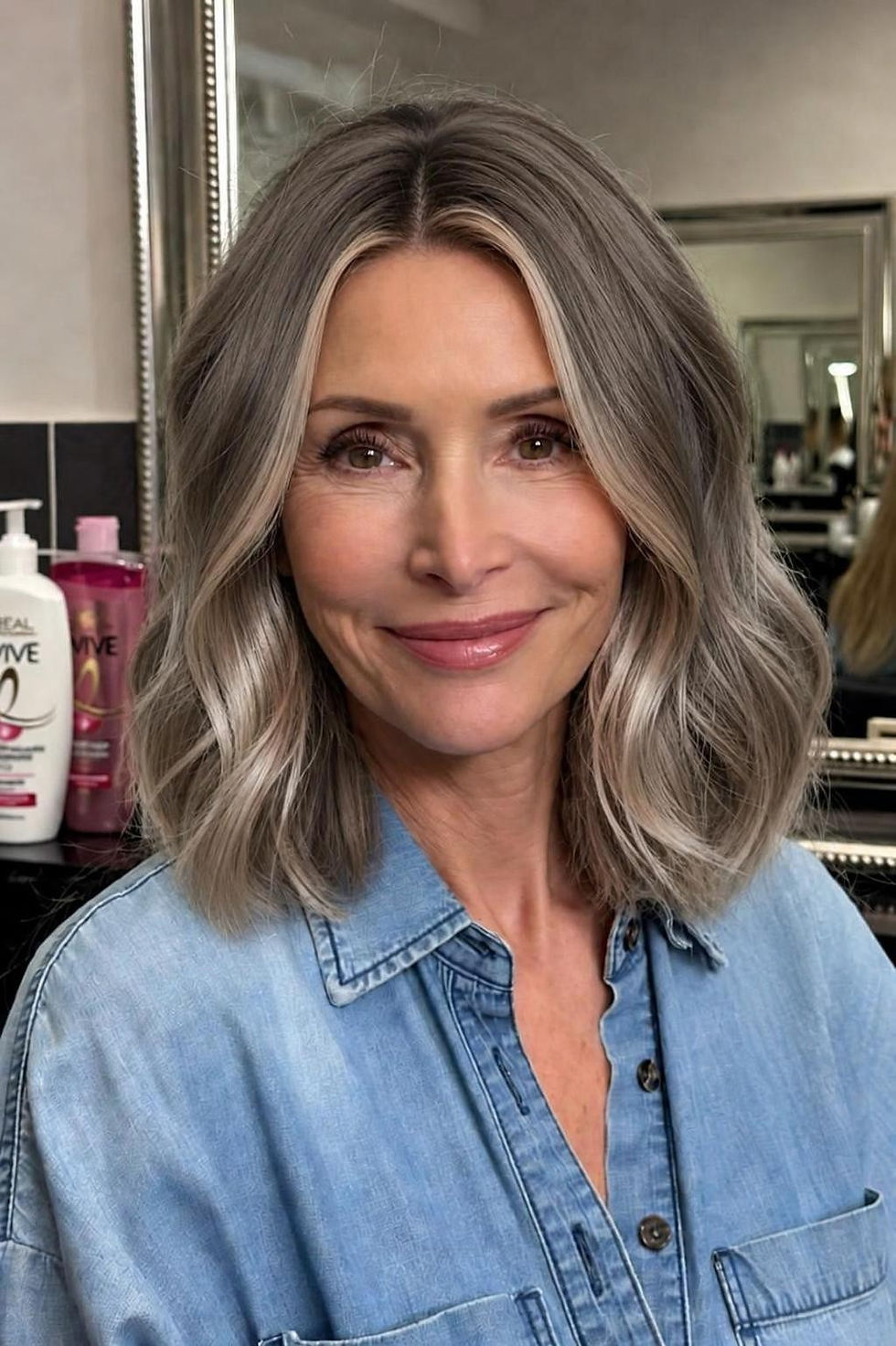 Wavy Gray Lob With Face-Framing Layers