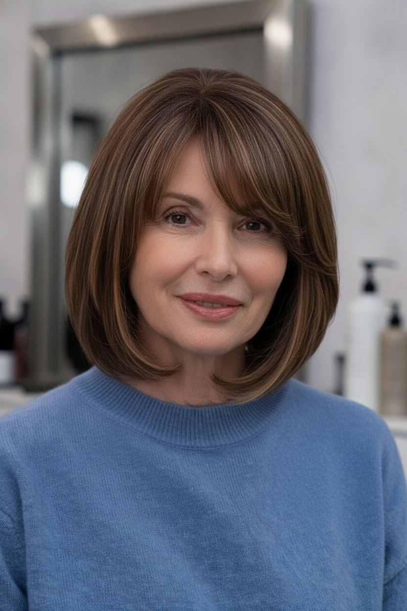 Caramel highlights on brunette hair with brown eyes