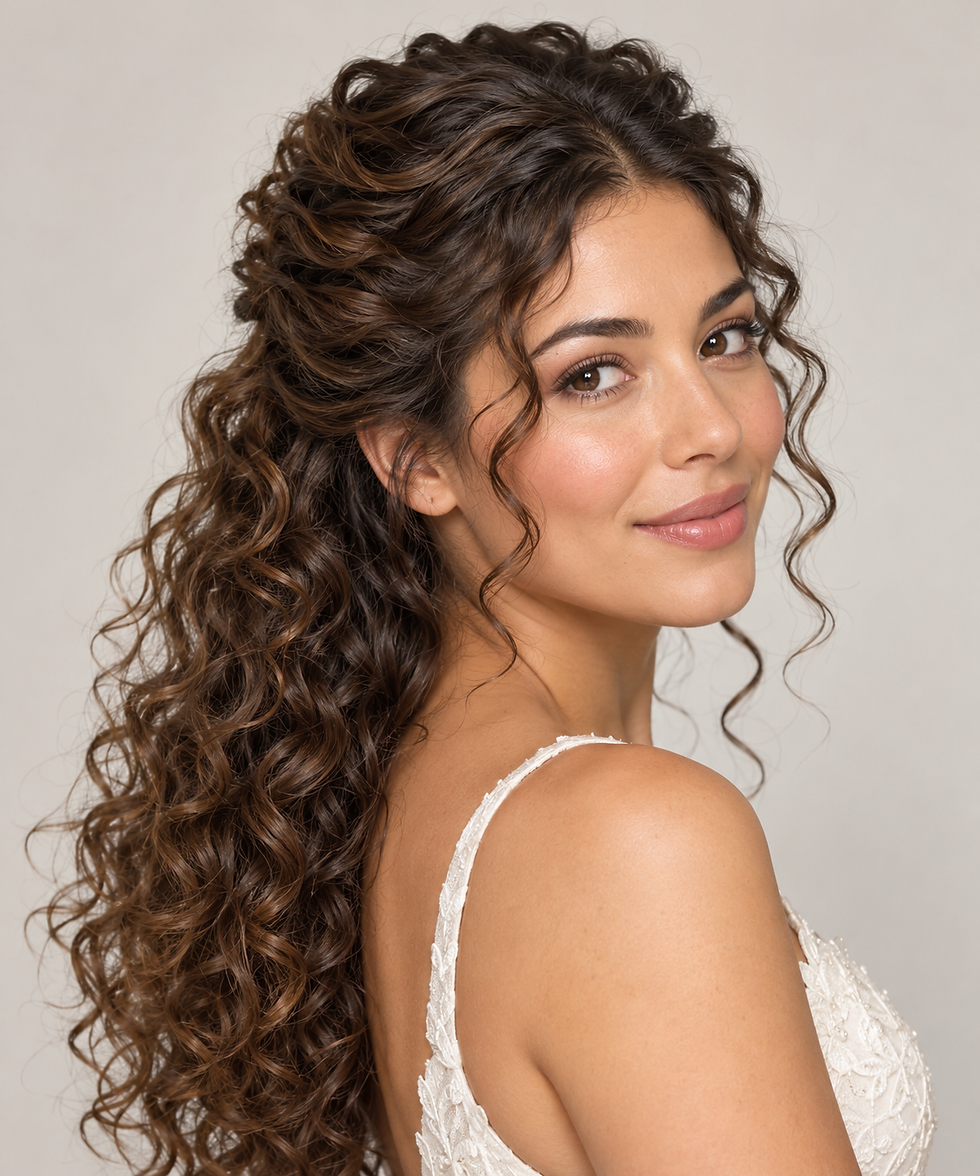 A beautiful bride with a Curly Half-Up hairstyle.