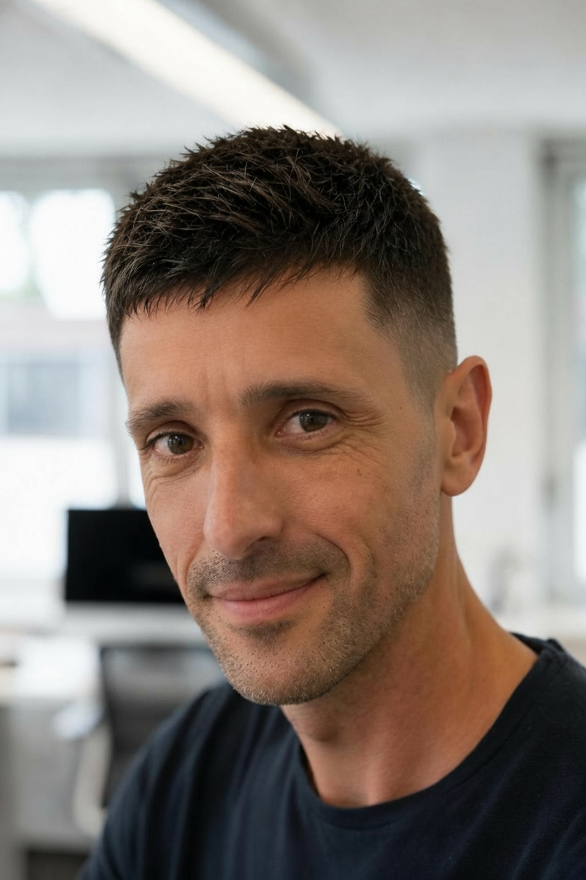 Textured crop haircut for men with thinning hair and short tapered sides