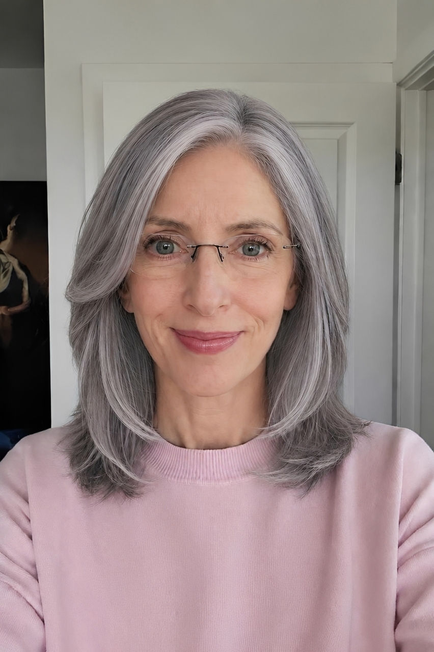 Layered Silver Gray Shoulder-Length Hair