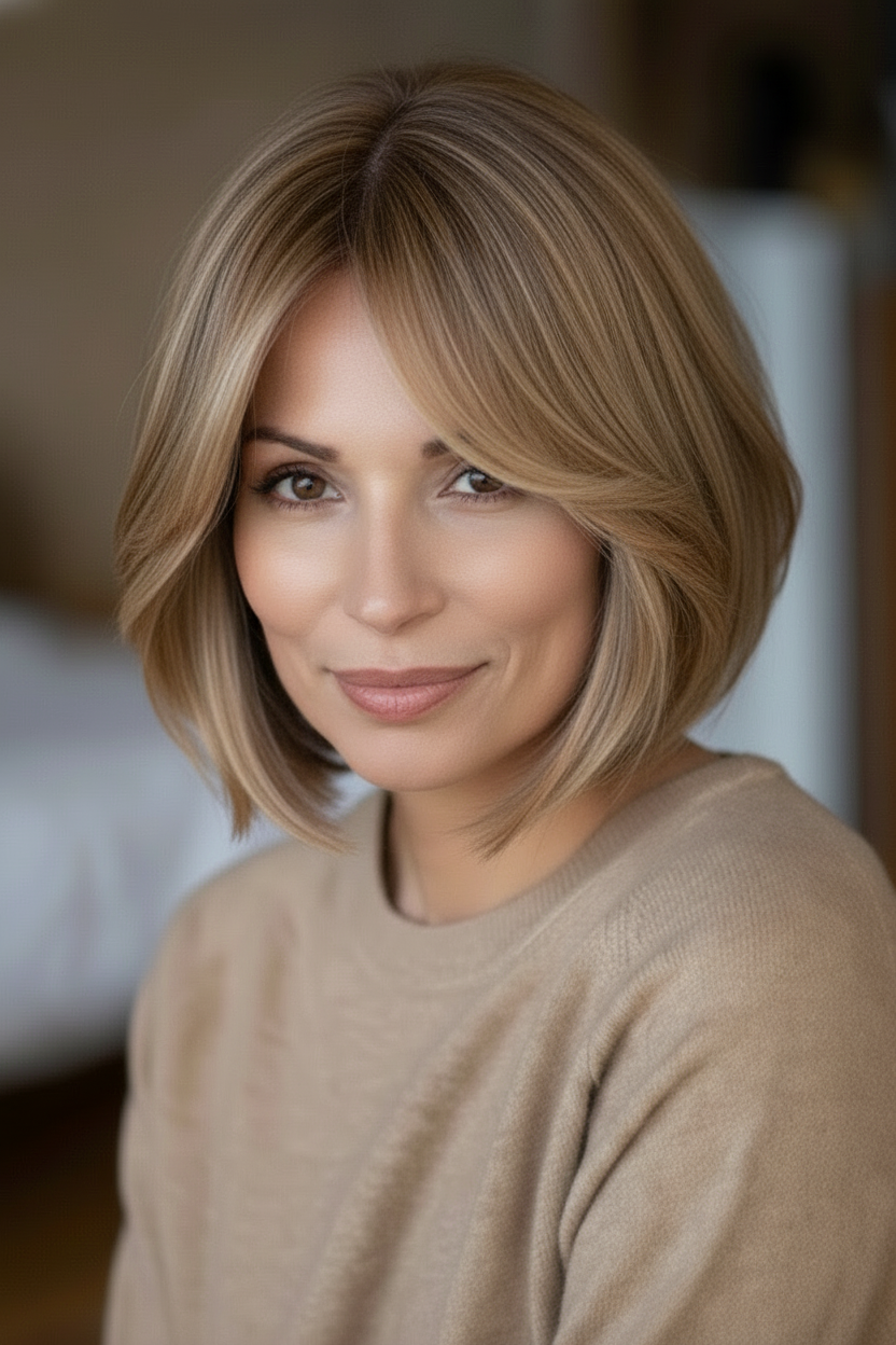 Italian bob with curtain bangs framing the face beautifully on a woman over 40.
