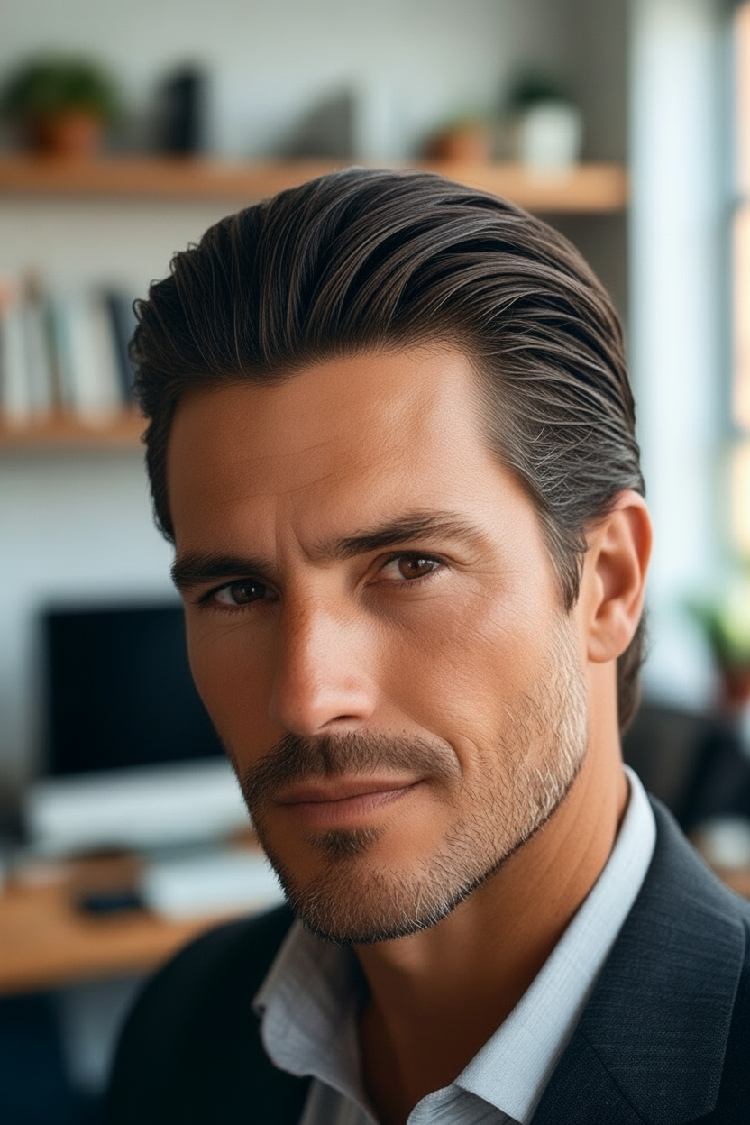Short slick back hairstyle for men with thinning hair and tapered sides