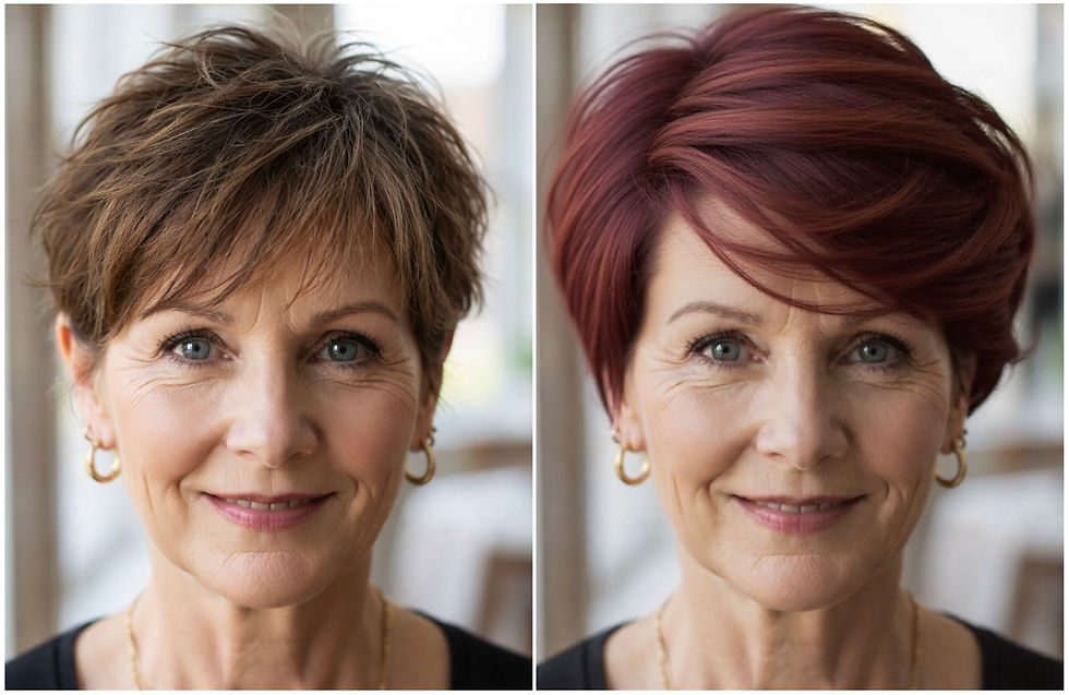 Short layered haircut for thin hair over 60 before and after, adding volume and youthful look