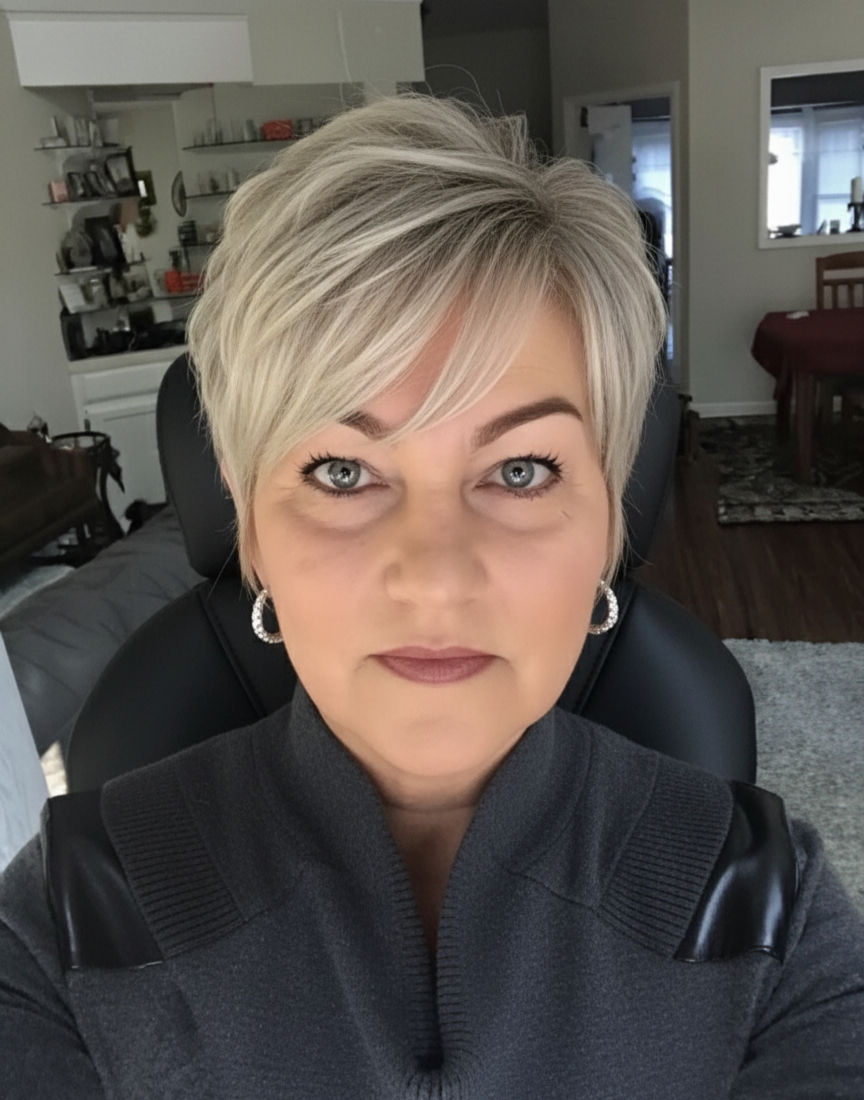 Platinum layered pixie with side bangs for women over 60.