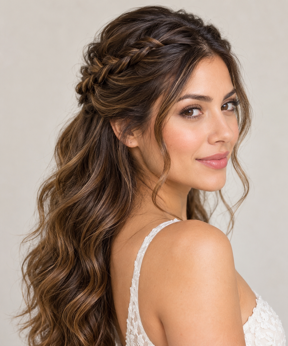 A beautiful bride with a Half-Up Braided Crown hairstyle.