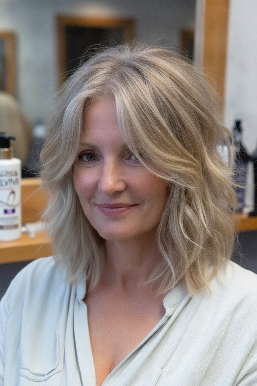 Feathered haircut for fine hair over 50 with soft layers and lightweight movement.
