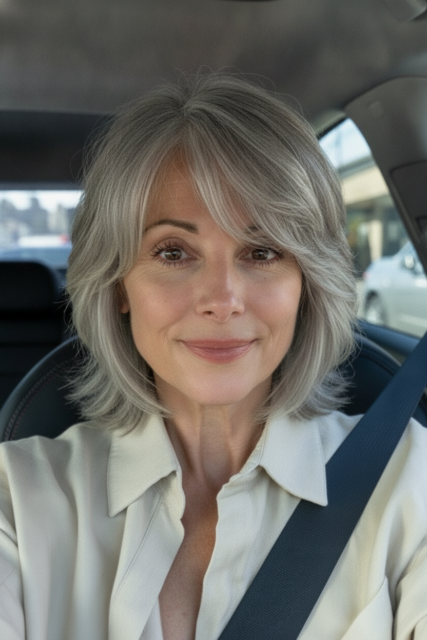 Textured French bob hairstyle adding volume to fine hair for women over 50