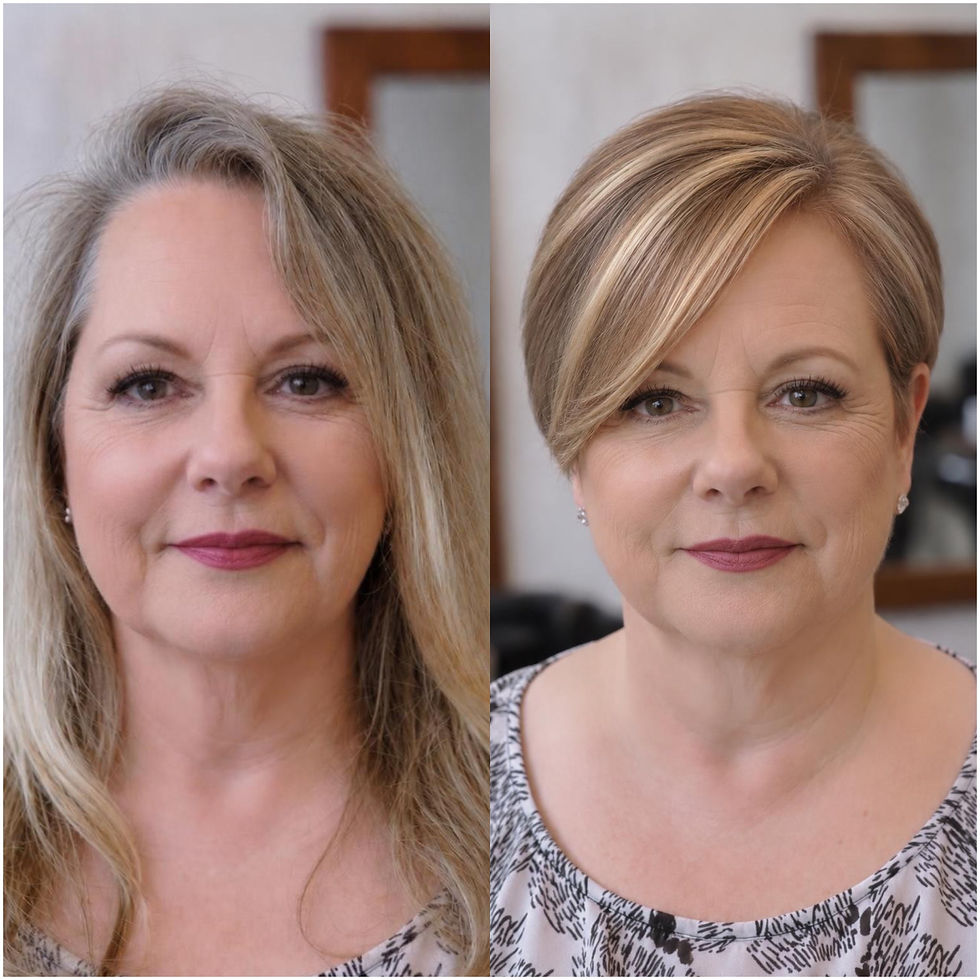 Before and after blonde long hair transformed into a short pixie bob haircut