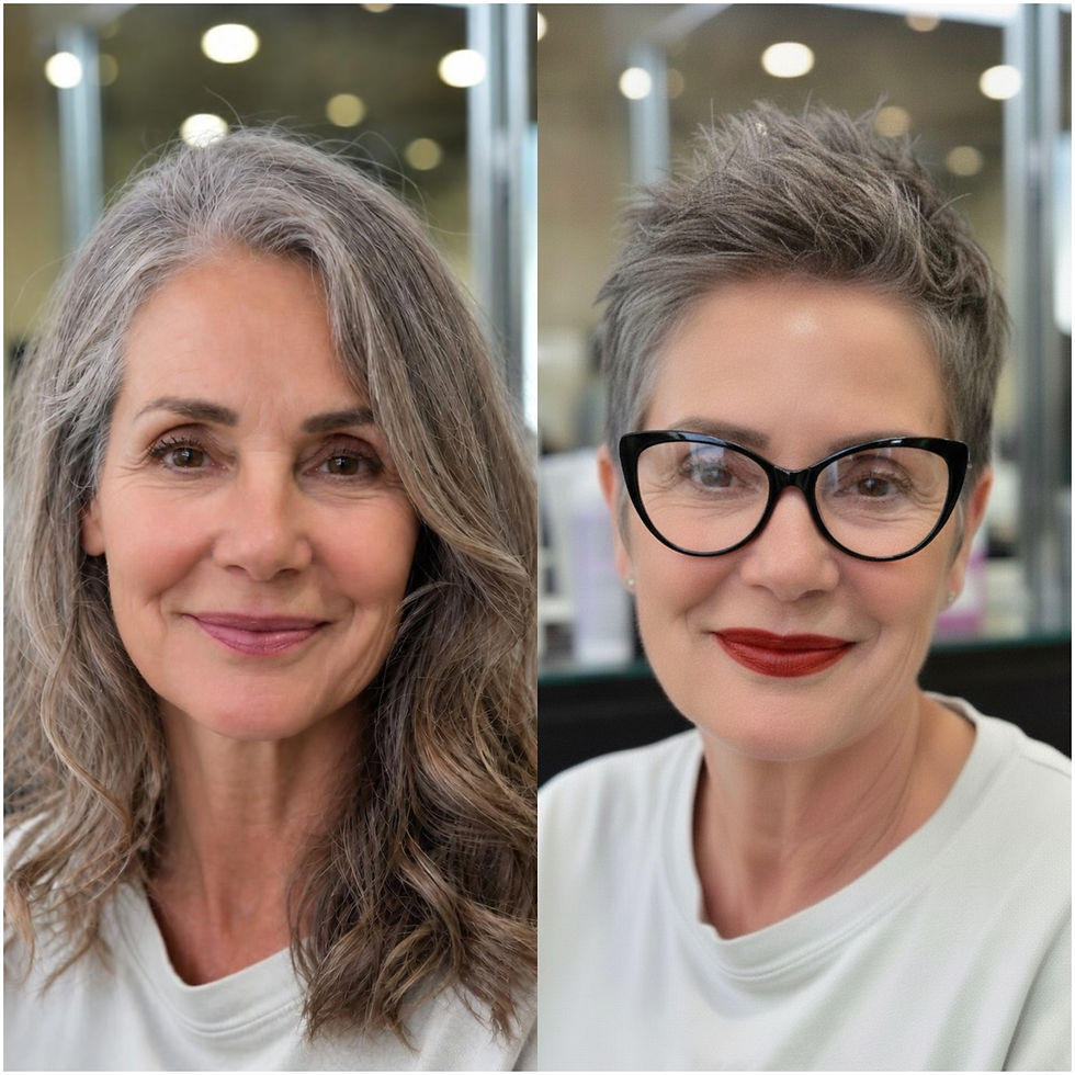 Before and after long gray hair transformed into a textured silver pixie haircut