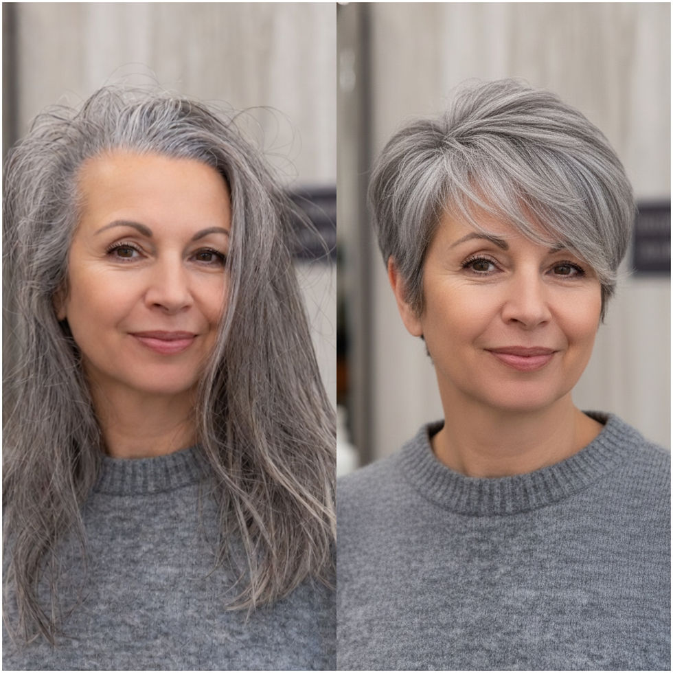 Before and after long gray hair transformed into a silver pixie bob for women over 50