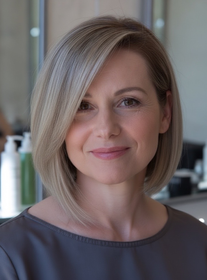 Angled blunt bob with a side part that creates a slimmer face shape.