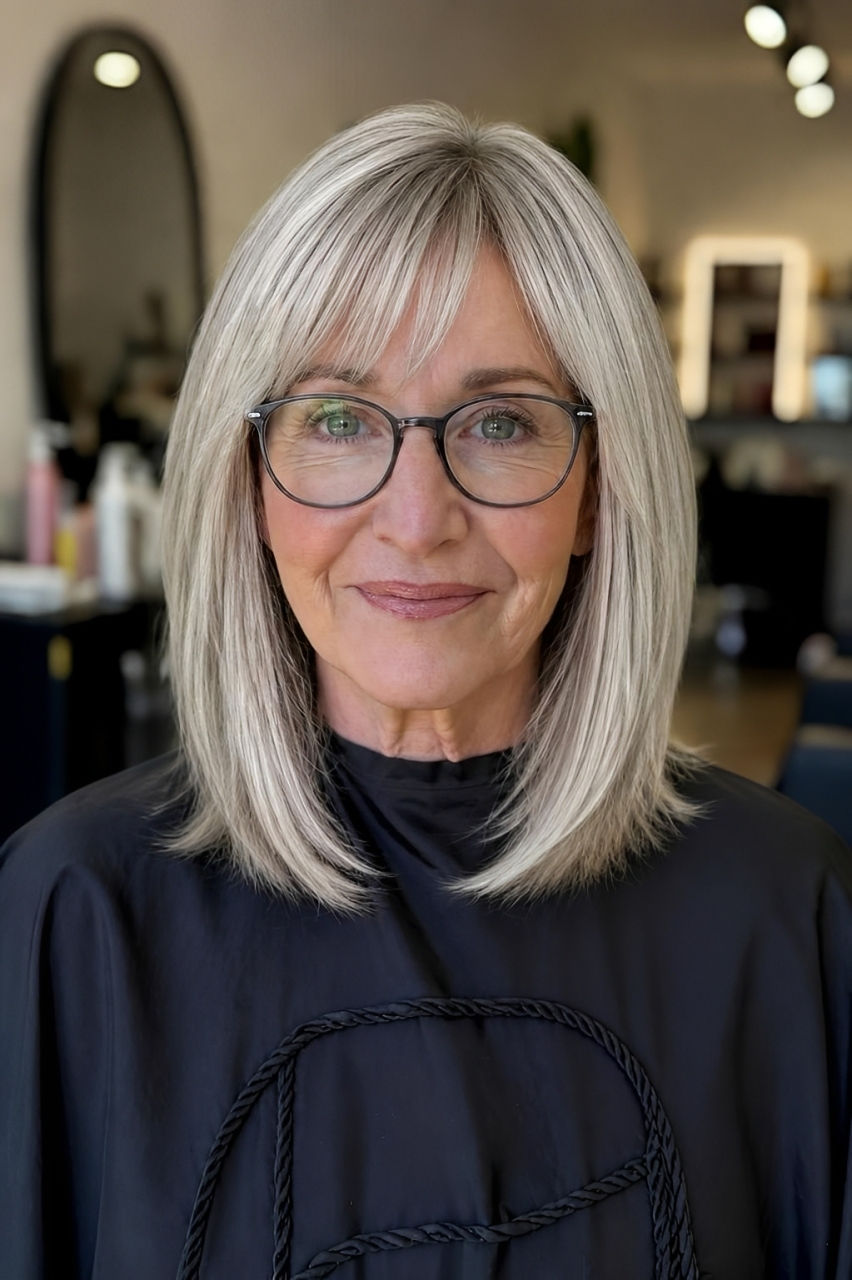Straight Silver Hair With Curtain Bangs