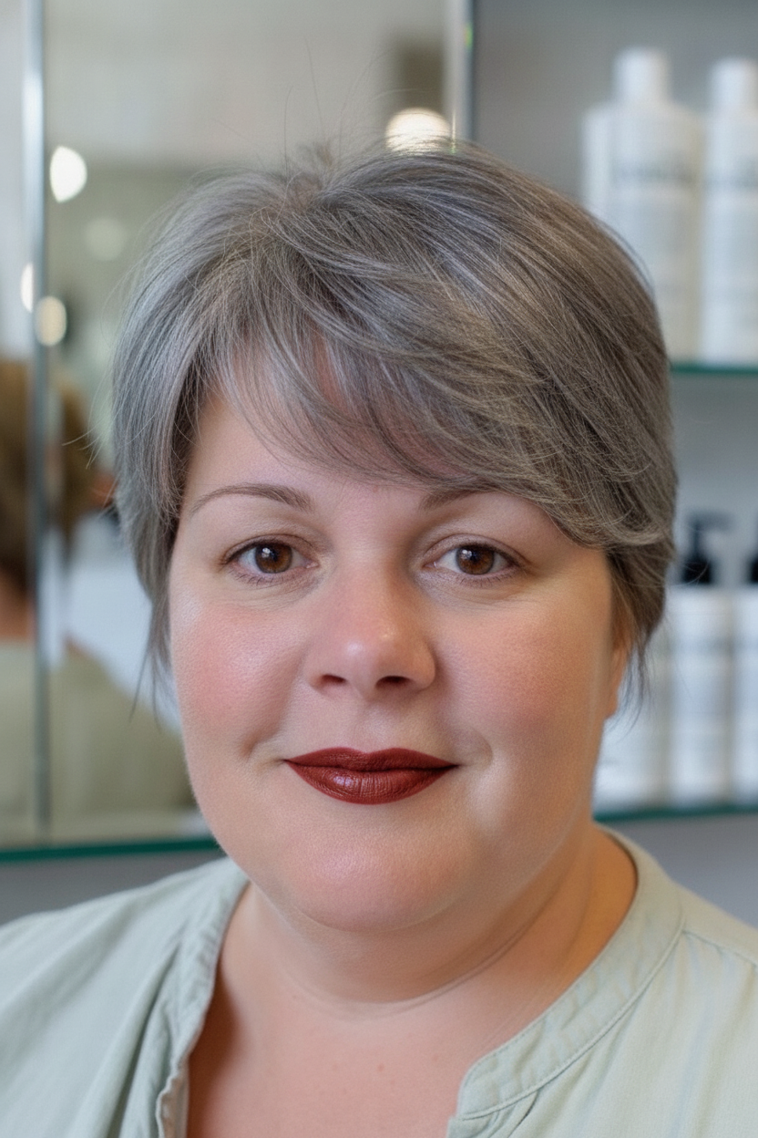 Short silver pixie haircut with textured layers for women with gray hair