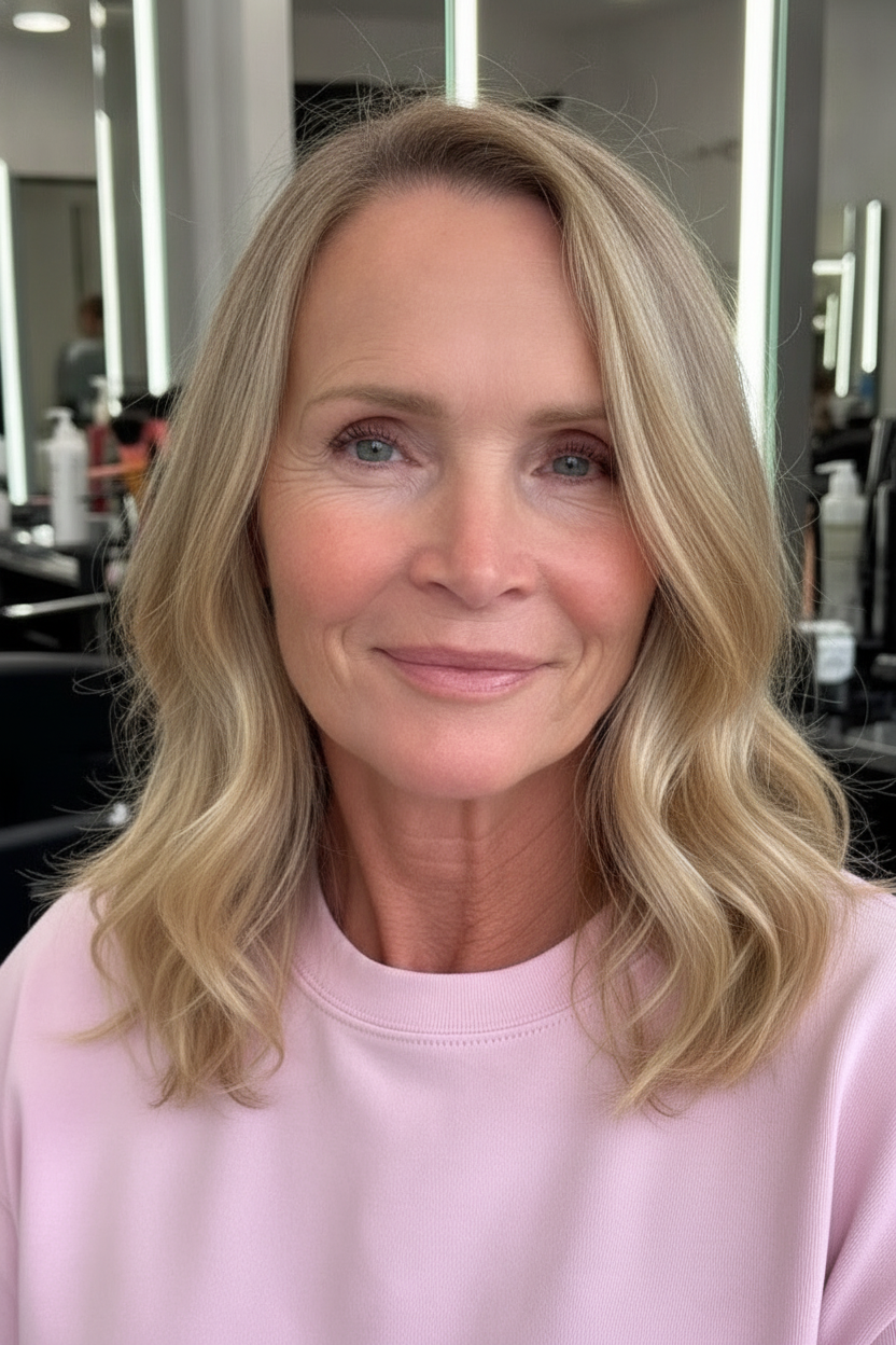 Woman over 50 with soft shoulder-length blonde waves and face-framing layers