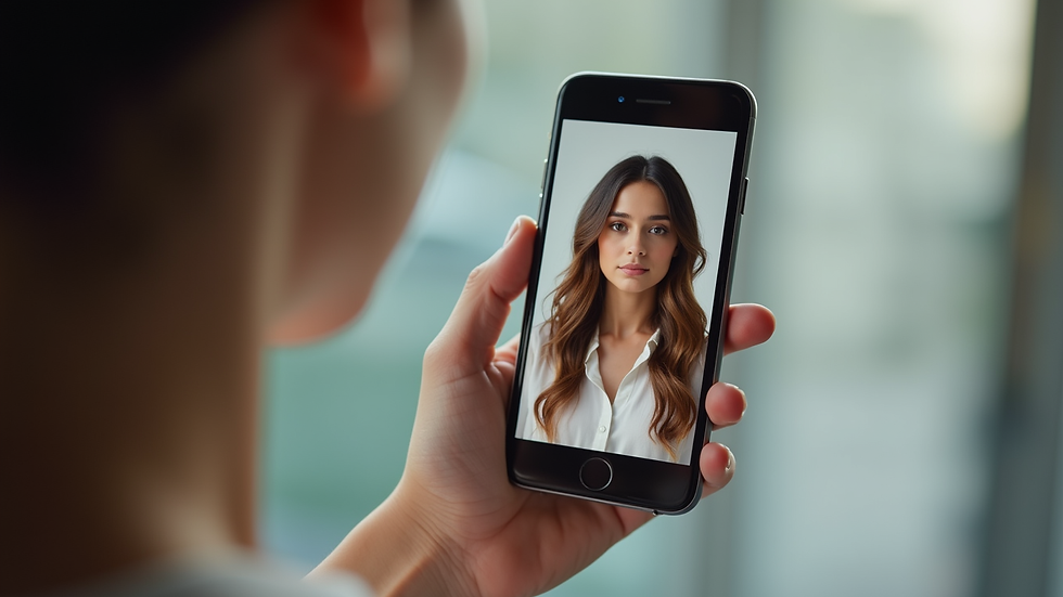 Eye-level view of smartphone displaying hairstyle app interface