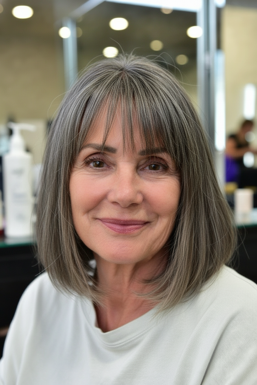 Blunt bob with curtain bangs creating a fuller-looking hairstyle.