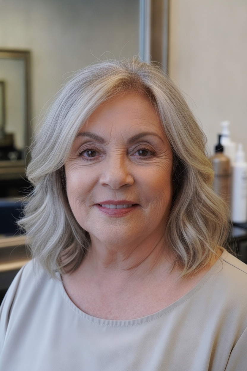 Soft wavy bob hairstyle for a woman over 50 with a round face and champagne blonde hair.