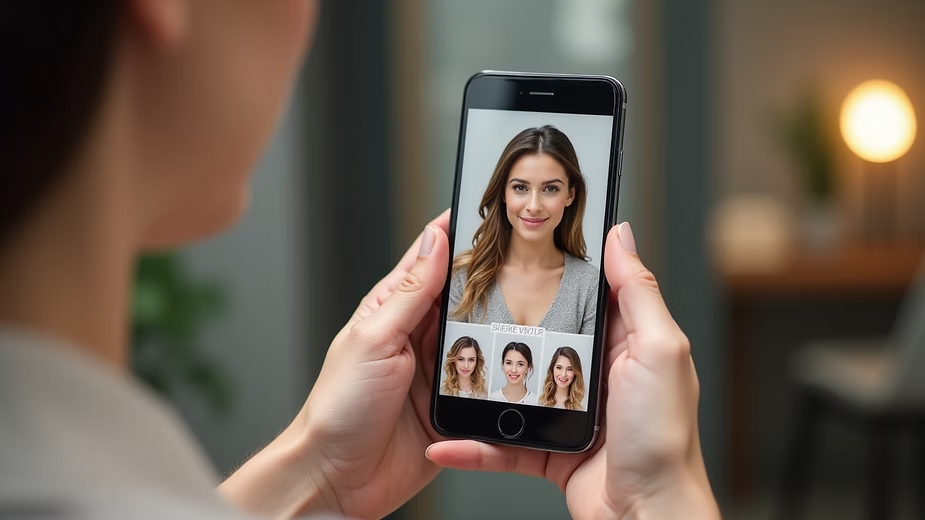 Eye-level view of a smartphone displaying a virtual hair makeover app with various hairstyle options