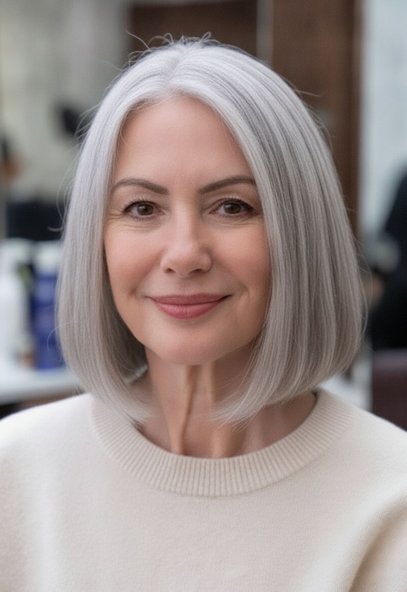 Precision silver blunt bob hairstyle for women over 60 with sleek styling and a timeless, elegant look.