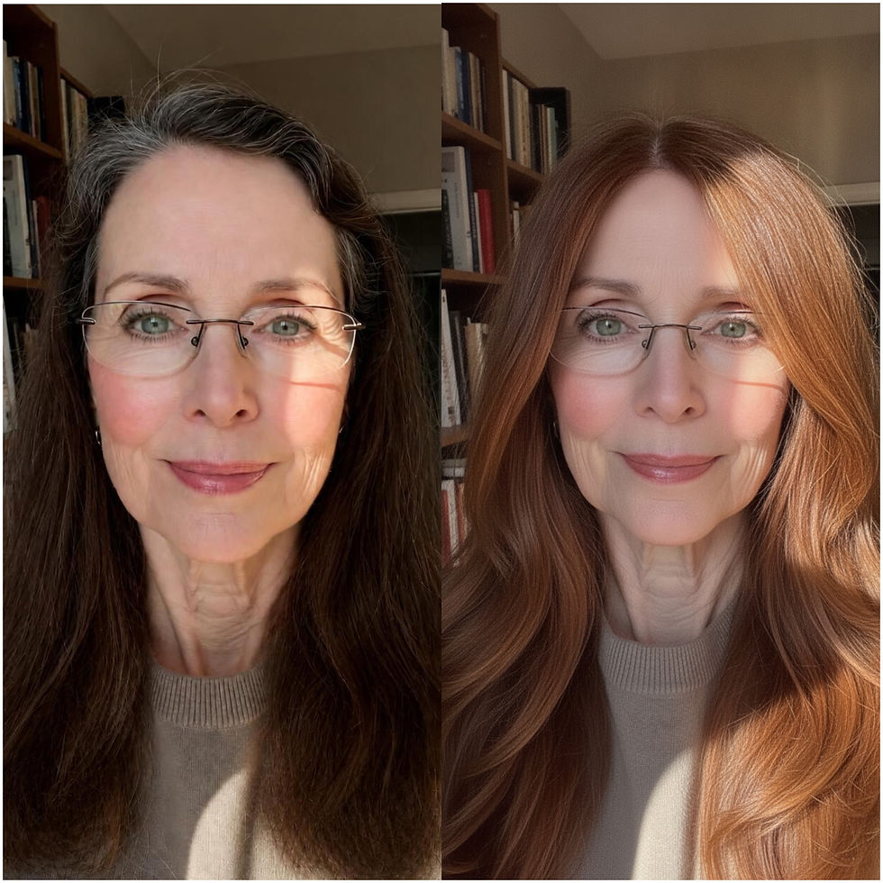 From gray roots to auburn brown: a glossy, warmer update with rich red tones.