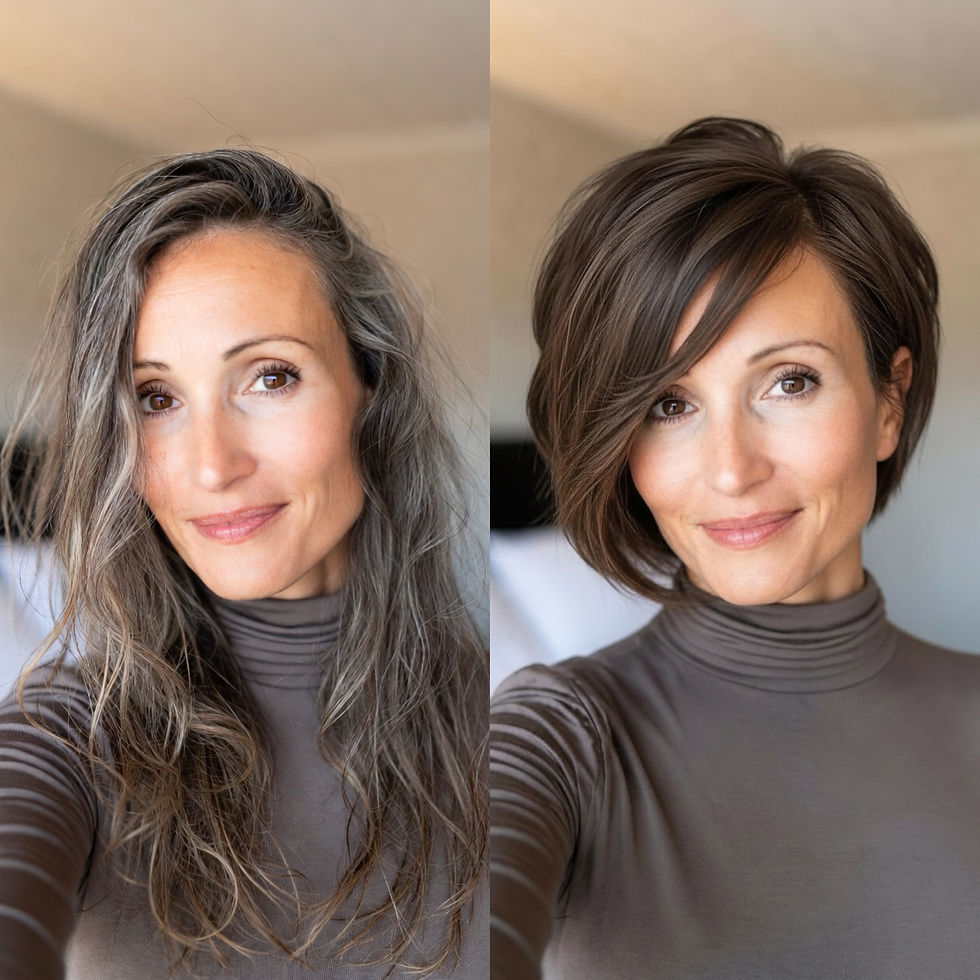 Before and after stacked bob haircut creating volume and thickness for fine hair