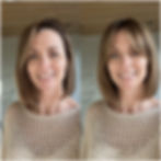 Before and after of a woman with a short bob haircut, showing the transformation with a soft curtain fringe that frames the face and adds volume.