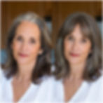 Before and after of a mature woman with gray hair, showing how a wispy curtain fringe softens features and creates a more youthful, balanced look.
