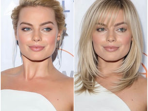 Butterfly cut hairstyle inspired by Margot Robbie, shown as before photo from Getty Images and after virtual try-on using HairLook
