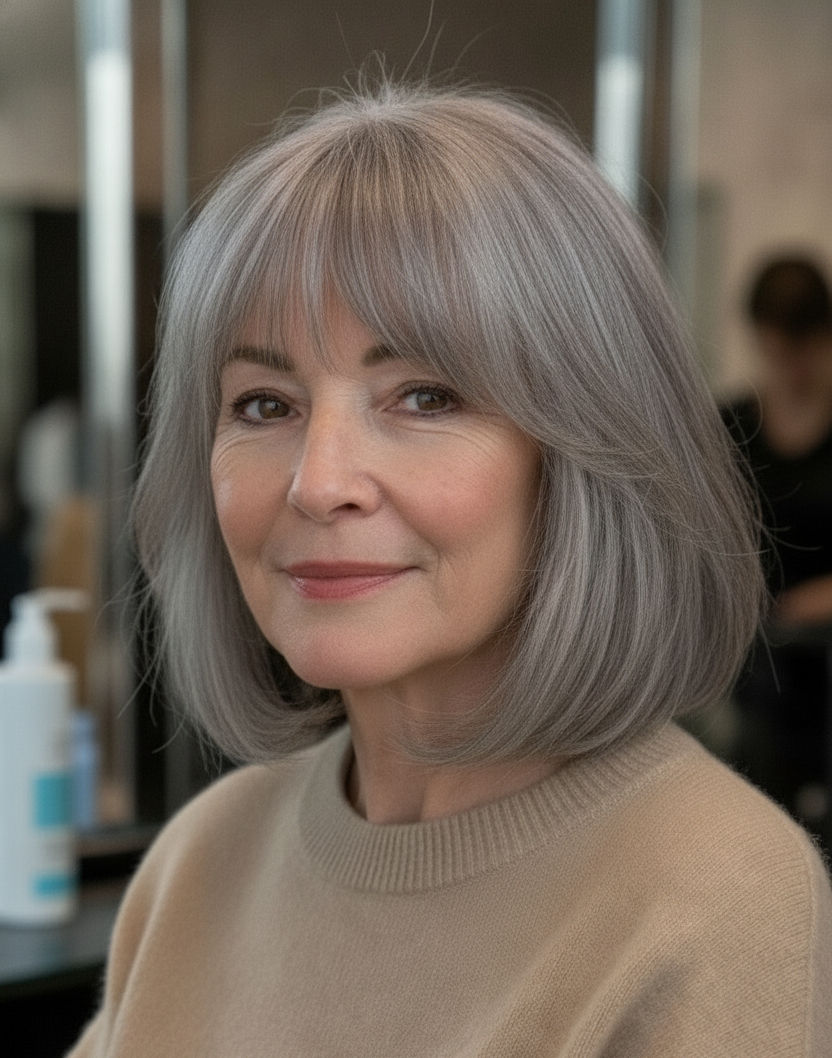 French bob with curtain bangs flattering a woman over 50.