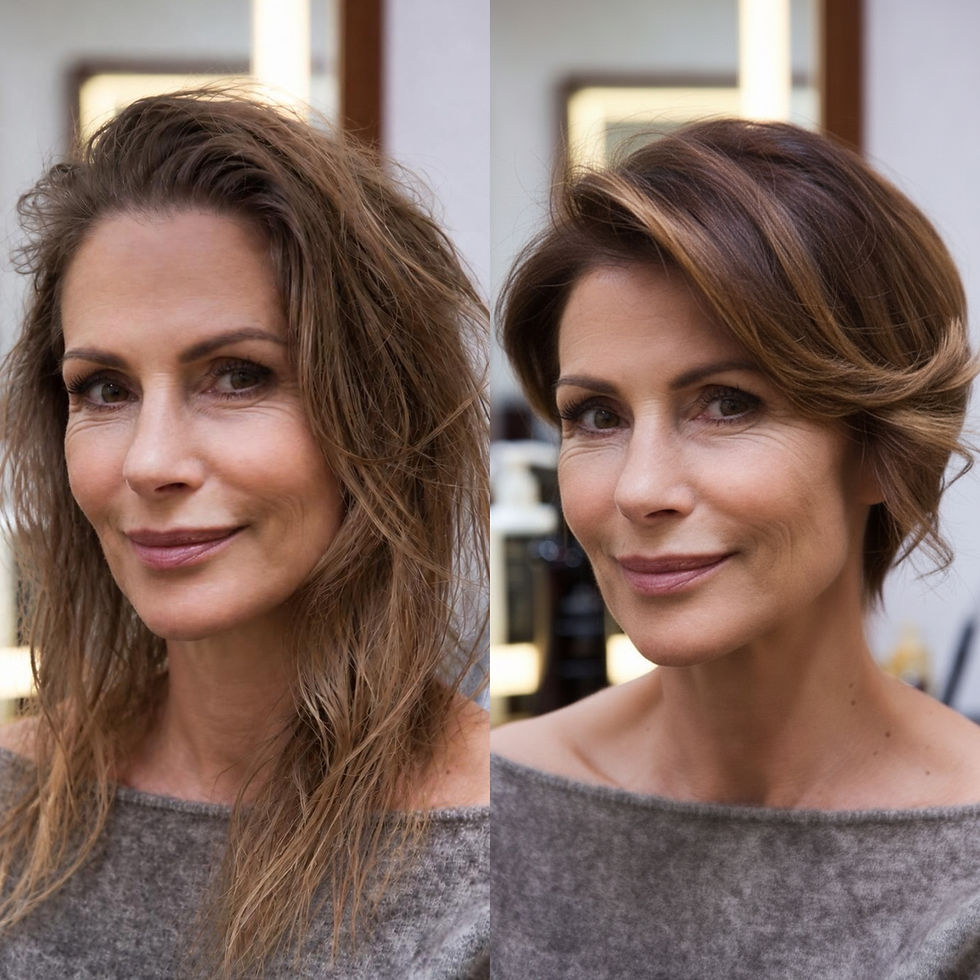 Before and after soft bixie haircut showing increased volume and movement in fine hair