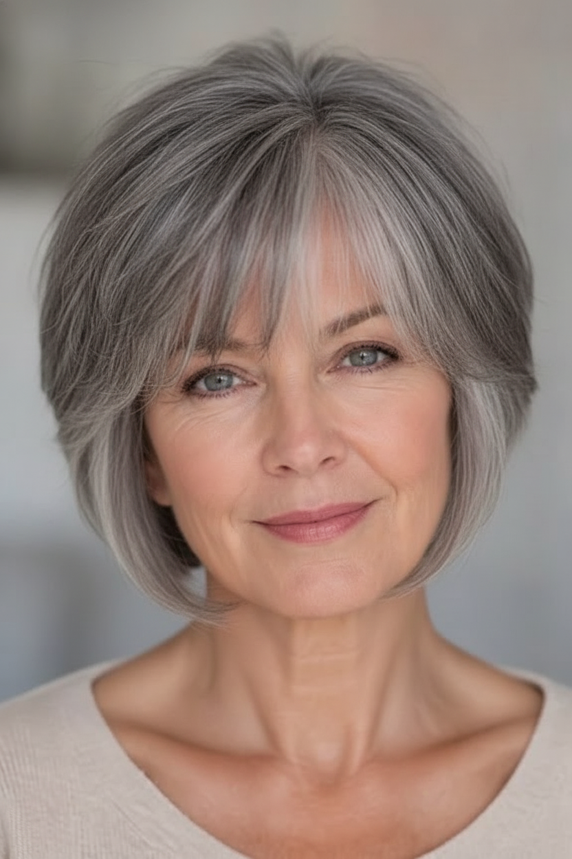 Layered gray bob with wispy bangs hairstyle for women over 50 featuring soft silver layers and natural volume.