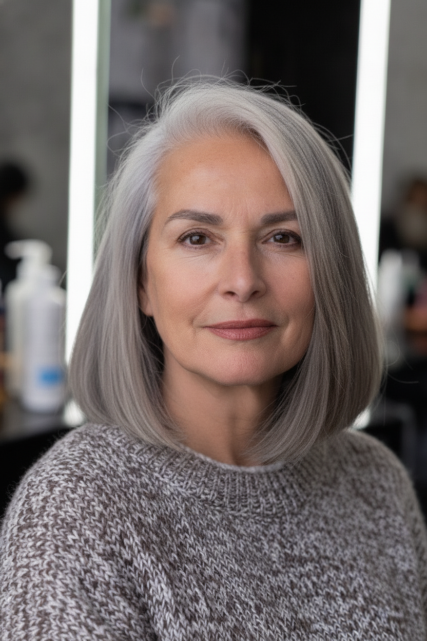 Woman over 50 with sleek shoulder-length gray bob haircut and natural silver hair