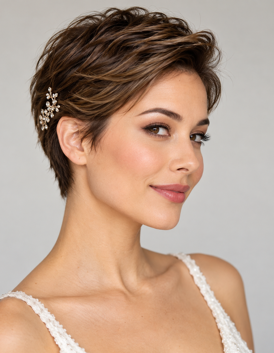 A beautiful bride with a Pinned-Back Pixie hairstyle.
