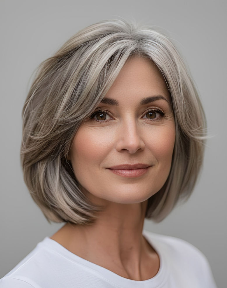 Grey Bob with Feathered Bangs